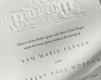Luxury Letterpress Wedding Invitations Minimalist Suite. Custom Venue Illustration. Elegant Blind Embossed Style  (P2-105)