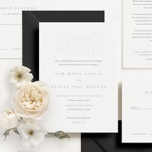 The image is a wedding invitation featuring a white rose and black text, with additional details and information about the wedding ceremony.