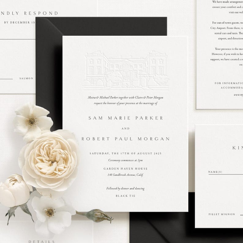 The image is a wedding invitation featuring a white rose and black text, with additional details and information about the wedding ceremony.