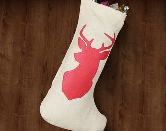 Festive Reindeer Appliqué on Cotton Linen Christmas Stocking in Christmas Nordic Sparkly Red - 19" x 8"- 48x20cm
