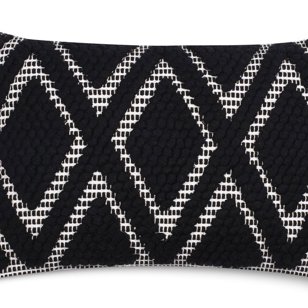 Nordic Woven Black and White Diamond Pattern Premium Quality Cotton Cushion Cover - 12" x 18" - 30x45cm