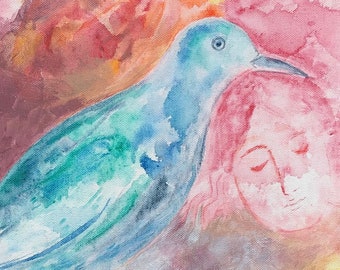 Original Acrylic Painting | “Dream” | Blue Bird Painting on Canvas | Dreaming Girl Acrylic Artwork