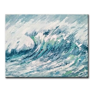 May include: Abstract painting of a large ocean wave with shades of blue, green, and white. The wave is breaking and crashing, creating a sense of movement and energy.