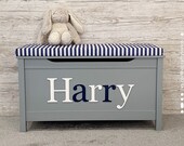 Personalised grey Toy box with Stripe cushion