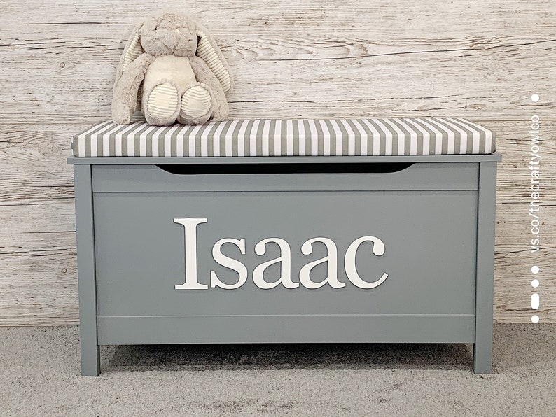 Personalised grey Toy box with Stripe cushion Etsy