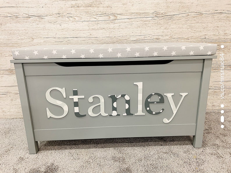 Personalised grey Toy box with cushion 