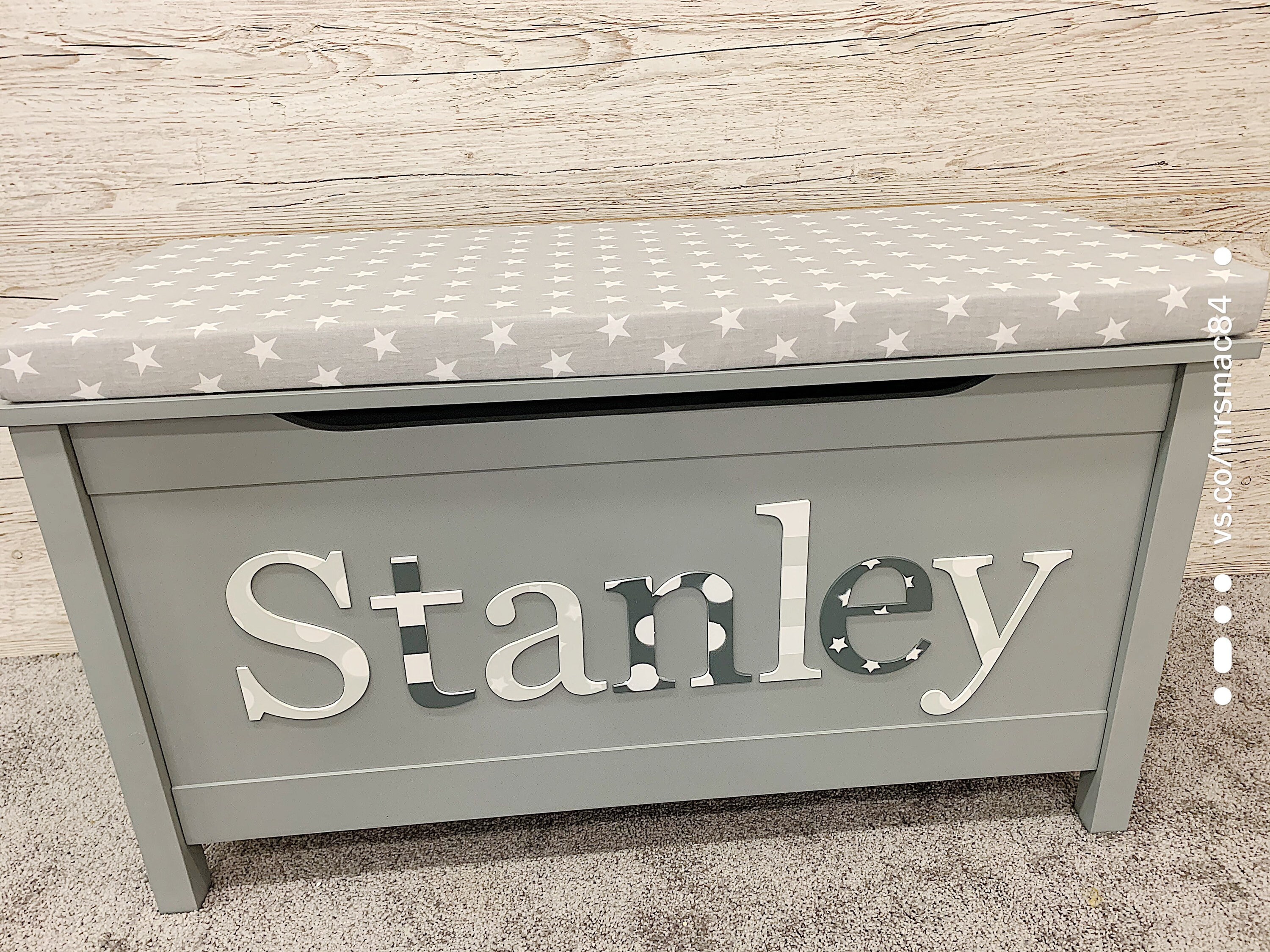 Personalised grey Toy box with Star cushion | Etsy