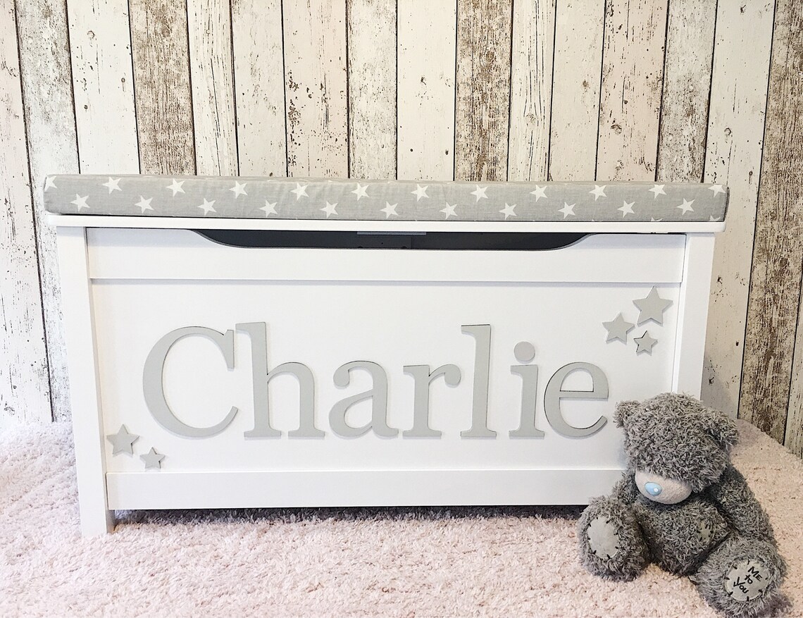 Personalised toy box with cushion neutral design Etsy