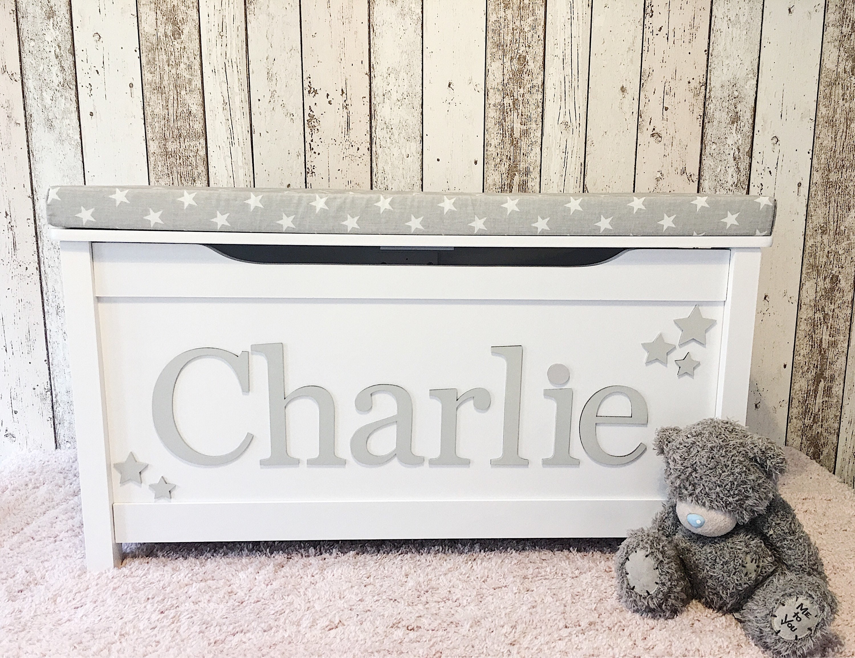 Personalised toy box with cushion neutral design Etsy