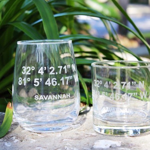 Savannah GA GPS Coordinate Engraved Glasses