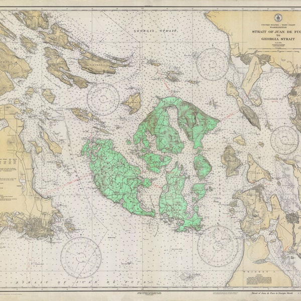 San Juan Islands Map - 1933 (Green) - Nautical Chart Print