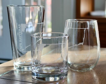 Cape Hatteras Map - North Carolina - Laser Engraved Glasses - Coastal Gift
