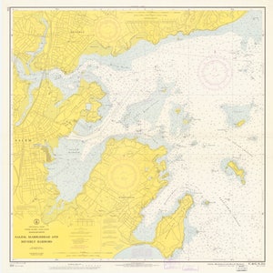 May include: A nautical chart of Salem, Marblehead and Beverly Harbors in Massachusetts. The chart shows the coastline, islands, and waterways of the area. The chart is printed in black and white with yellow and blue highlights. The chart is titled "Salem, Marblehead and Beverly Harbors" and includes the text "C.&G.S. 231".