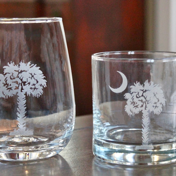 Palmetto and Crescent Moon Engraved Glasses