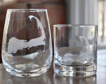 Cape Cod Map - Laser Engraved Glasses - Coastal Gift