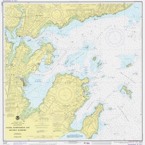 May include: A nautical chart of Salem, Marblehead and Beverly Harbors in Massachusetts. The chart shows the coastline, islands, and waterways of the area. Soundings are in feet. The chart is titled "Salem, Marblehead and Beverly Harbors".