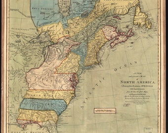 May include: An antique map of North America, showing the various colonies and territories of the British Empire. The map is dated 1771 and includes details such as rivers, mountains, and cities. The map is printed on paper and has a faded, antique look.