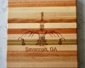Forsyth Park Fountain, Savannah, GA - Engraved Wooden Serving Board & Bar Board