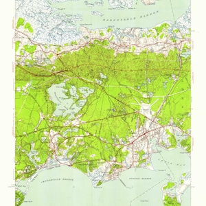May include: A vintage topographic map of Hyannis, Massachusetts, showing the area around Barnstable Harbour, Centerville Harbour, and Hyannis Harbour. The map features green and brown lines representing roads, waterways, and land features. The map is titled "Hyannis Quadrangle" and includes a scale of 1:24,000.