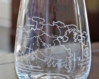 St. John Map Glasses (USVI) - Line Design - Laser Engraved