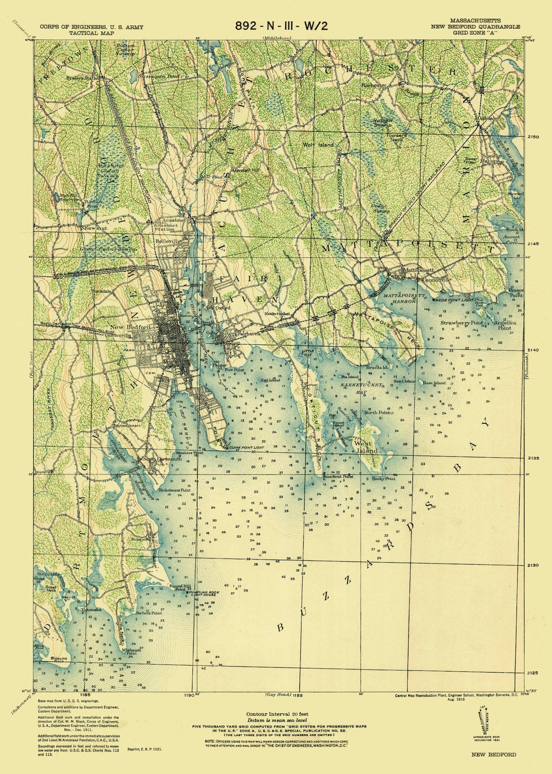 New Bedford Map 1918 Nautical Chart Print Etsy