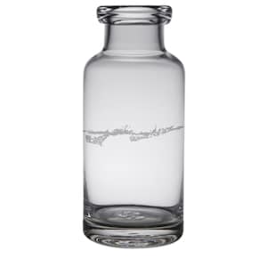 May include: A clear glass bottle with a textured surface and a design etched into the side. The design is a silhouette of a coastline.