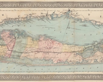 May include: A vintage map of Long Island, New York, with a decorative border. The map shows the island's geography, including towns, roads, and the surrounding Atlantic Ocean and Long Island Sound. The map is in shades of beige, pink, yellow, and blue.