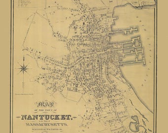 May include: A vintage map of Nantucket, Massachusetts, surveyed in 1834 by William Coffin Jr. The map shows the layout of the town with streets, buildings, and waterways. The map is printed on aged paper with a light brown background.