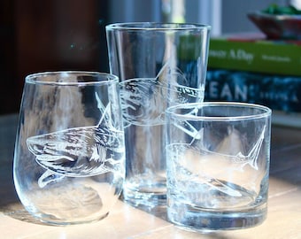 Shark Engraved Glasses – Coastal Barware – Ocean Gift