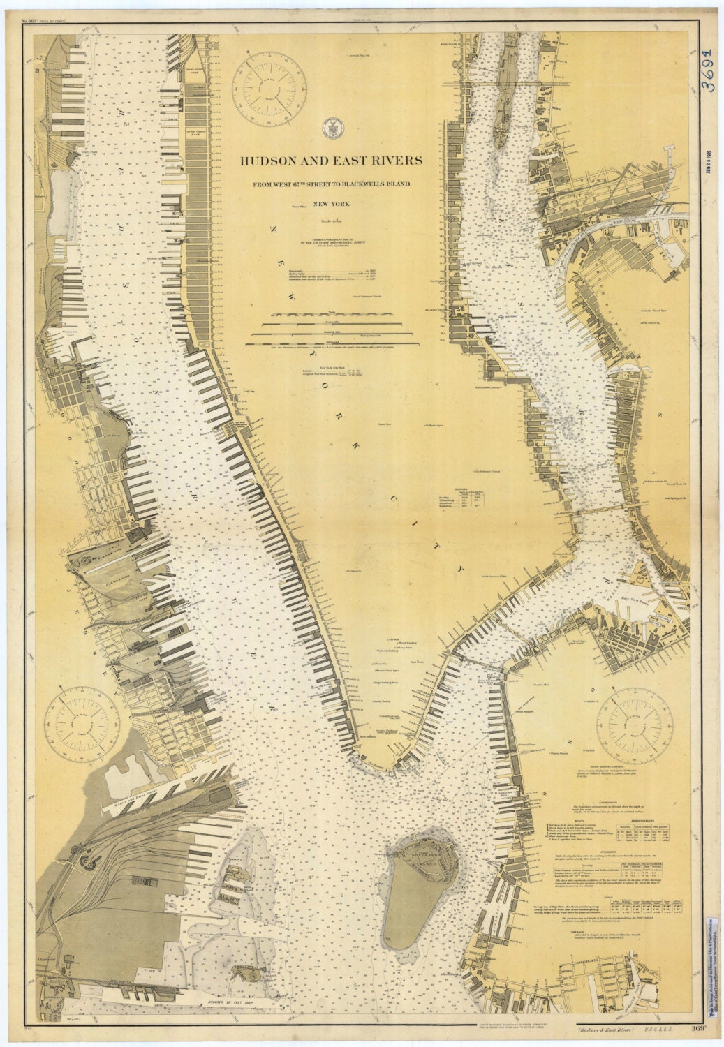 Hudson River and East River Map 1919 Nautical Chart Print