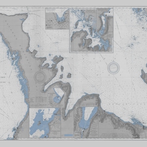 Lake Huron - Mappa della costa orientale e della baia georgiana 1904 (nero, bianco e blu) - Stampa carta nautica