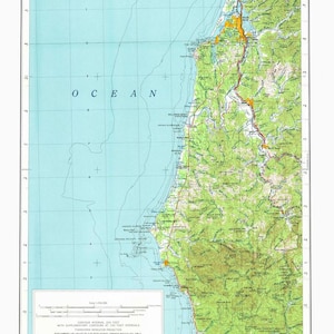 May include: A detailed topographic map of Coos Bay, Oregon, showing the Pacific Ocean and surrounding areas. The map includes contour lines, roads, and geographical features. Text includes "PACIFIC OCEAN" and "COOS BAY".