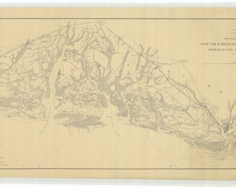 May include: A black and white map of South Carolina and Georgia from Bulls Bay to Savannah River. The map shows the coastline, rivers, and other geographical features. The map is dated 1862.