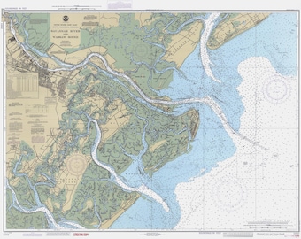 Carte 1990 de la rivière Savannah et du détroit de Wassaw - Impression de carte marine