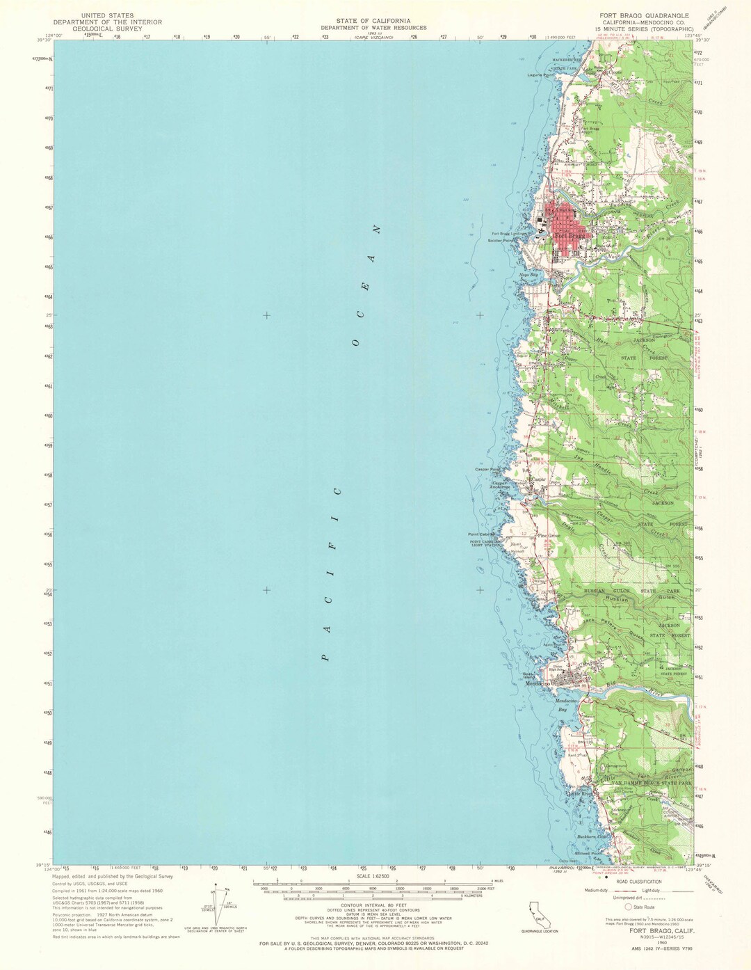 Fort Bragg California Topographic Map 1960 Nautical Chart Print Etsy
