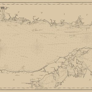 Mapa del estrecho de Long Island: de Newport a Nueva York, en negro y crema, impresión de cartas náuticas