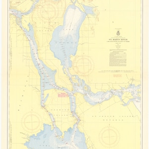 St. Mary&#39;s River Map - Lake Munuscong to Sault Ste Marie - 1957 - Nautical Chart Print