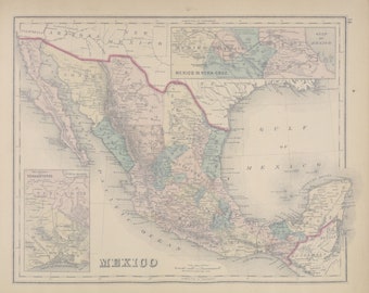 Stampa della mappa del Messico: arte murale d'epoca restaurata