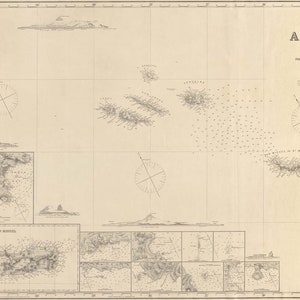 May include: A vintage map of the Azores islands, a group of volcanic islands in the North Atlantic Ocean. The map shows the islands' locations, names, and surrounding waters. The map is printed on a cream-colored paper with black ink.
