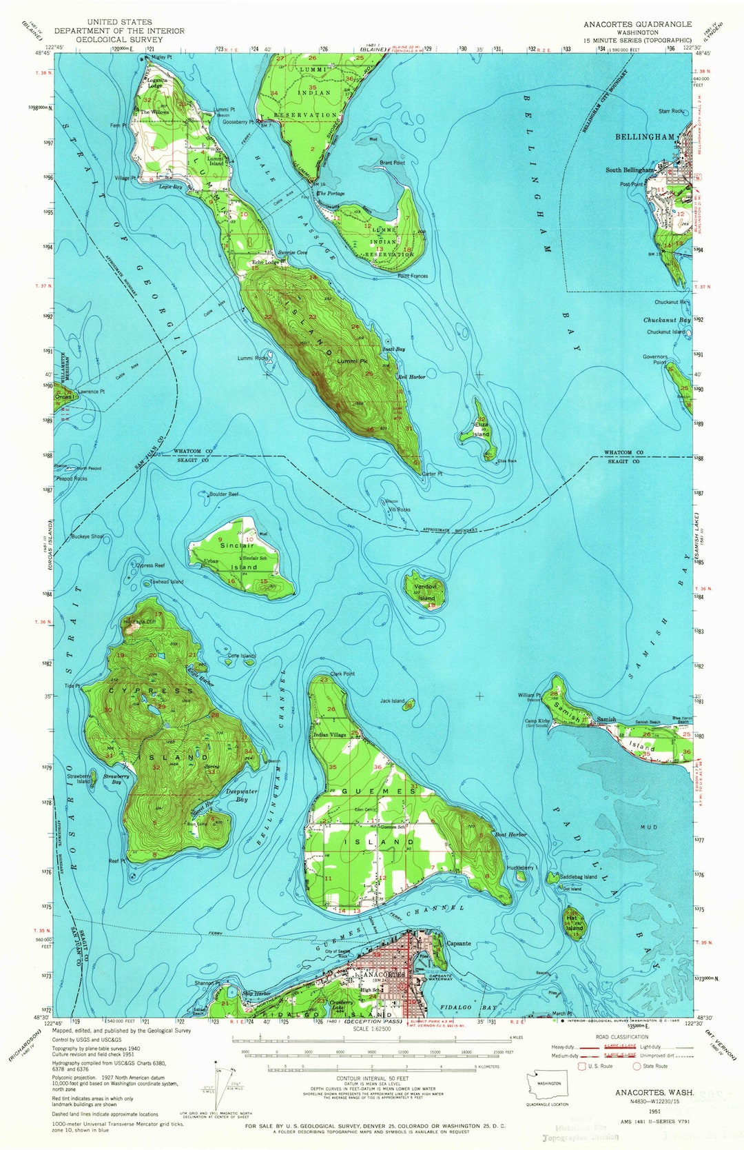 Anacortes Topographic Map 1951 Nautical Chart Print Etsy