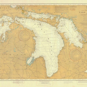 Carte du lac Huron de 1918 - Impression de carte marine