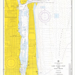 May include: A nautical chart of Lake Worth Inlet and Palm Beach, Florida. The chart shows the coastline, waterways, and surrounding areas. Soundings are in feet.