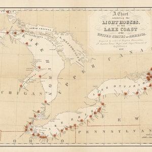Great Lakes Lighthouse Map 1848 - Nautical Chart Print