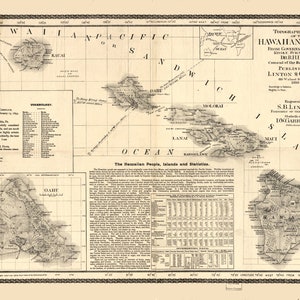 Carte topographique des îles Hawaï 1893 - Impression de carte marine
