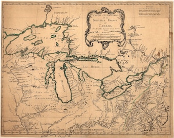May include: An antique map of the Western part of New France, Canada, from 1755. The map shows the Great Lakes region, including Lake Superior, Lake Huron, Lake Michigan, Lake Ontario, and Lake Erie. The map also shows the locations of various Native American tribes, including the Iroquois, the Algonquin, and the Huron.