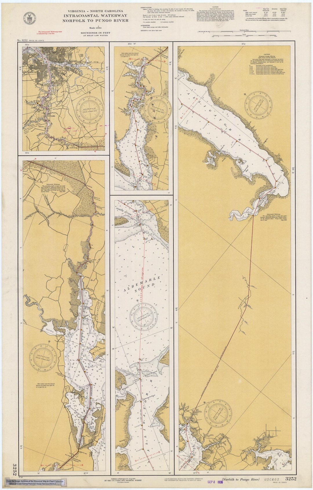 Intracoastal Waterway Map - Norfolk to Pungo River - 1936 - Nautical ...
