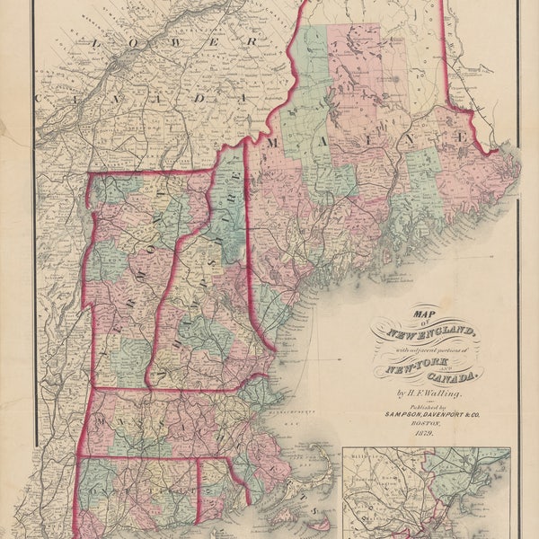 New England Map 1879 - Nautical Chart Print