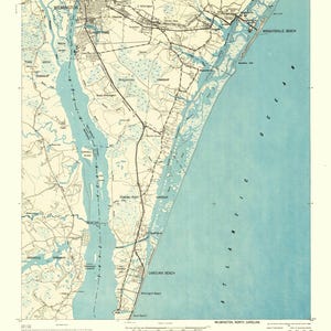 May include: A vintage map of Wilmington, North Carolina, featuring the coastline, waterways, and city layout. The map is in shades of blue and beige, with text indicating locations like Wrightsville Beach and Carolina Beach. The title "Wilmington" is prominently displayed.