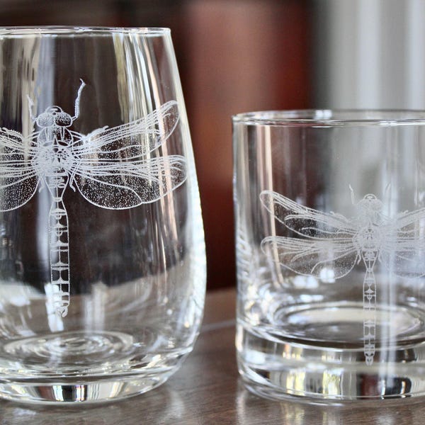 Dragonfly Laser Engraved Glasses: Stemless Wine, Rocks, Pint, Champagne