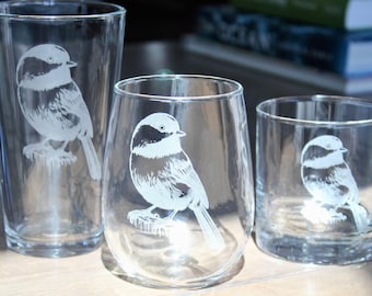 Black Capped Chickadee Engraved  Glasses - Unique Bird Gift